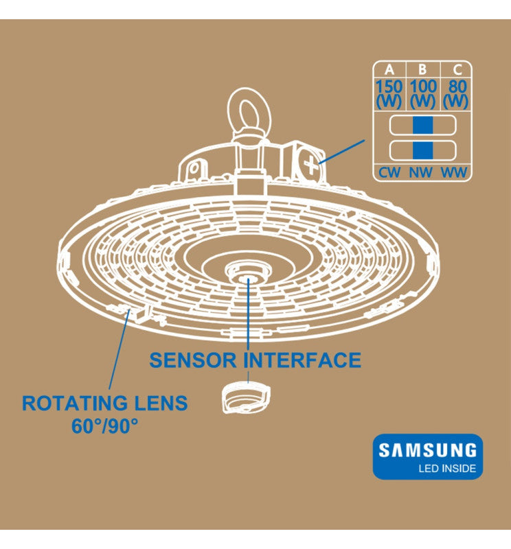 LED Industrial High Bay 150W-100W-80W - UFO FRANCE - SAMSUNG CHIP 2835 - CCT - 60º - 90º